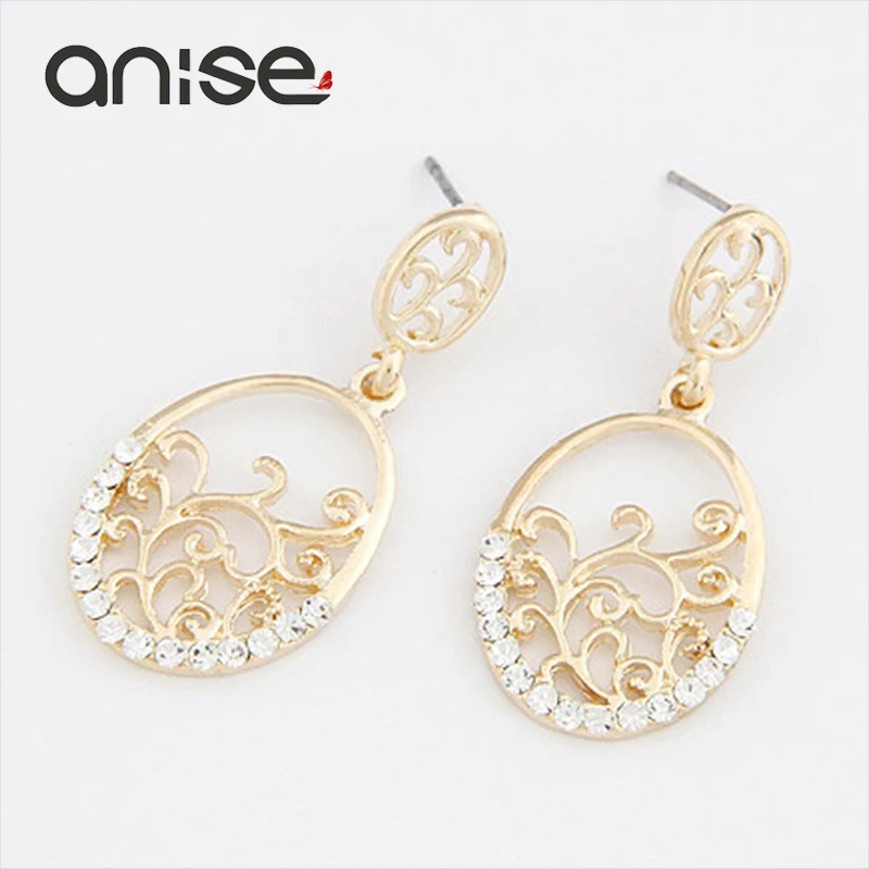 

Anise Hot Sale Alloy Hollow Flower Stud Earrings Rhinestone Ellipse Round Earrings Classic Vintage Pendant Earrings For Women