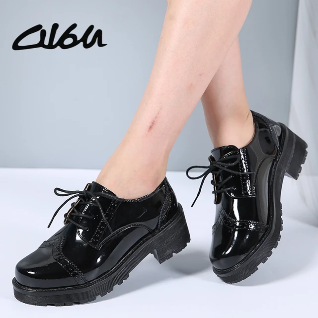 Zapatos Oxford de estilo clásico superior para mujer, zapatos Oxford con cordones charol y Tacón cuadrado para mujer AliExpress