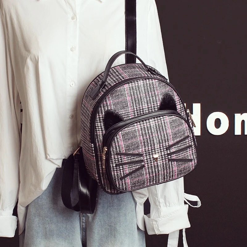 

New Fashion Kawaii Backpacks Women Korean Plaid Cute Cat Mini School Bags For Teenage Girls Female Small Shoulder Mochilas