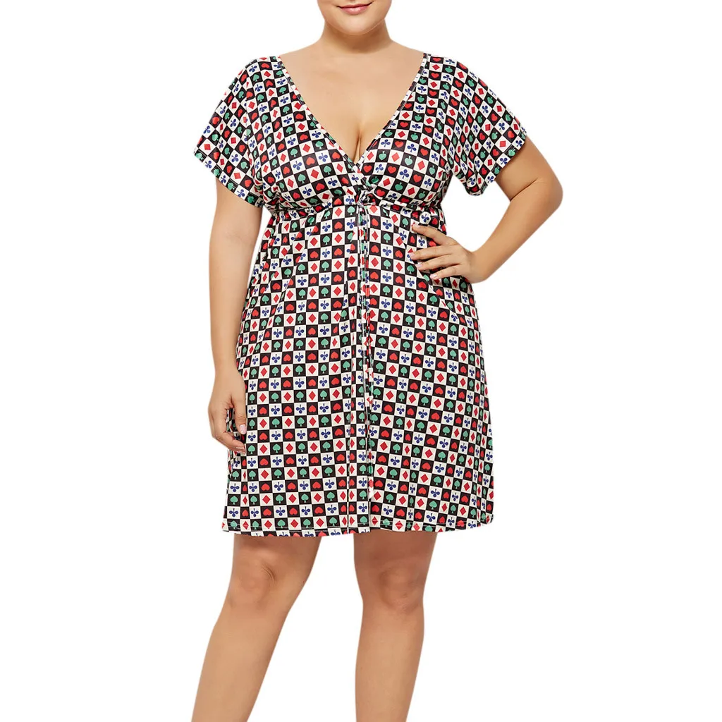 

2019 Oversize sexy dress Slim V-neck short sleeve fashion pleated lace personality print mini summer dress#YL5