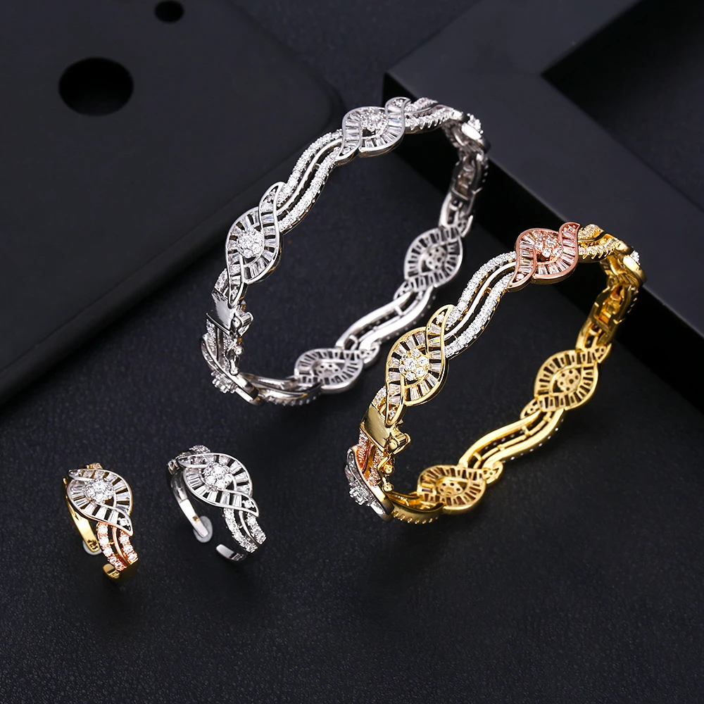 jankelly Luxury flower Bangle Ring Sets Fashion Dubai Silver Bridal