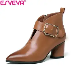 ESVEVA/2019 г. женская обувь из коровьей кожи кожаные сапоги ботильоны на молнии обувь на высоких квадратных каблуках обувь Острый носок Дамские