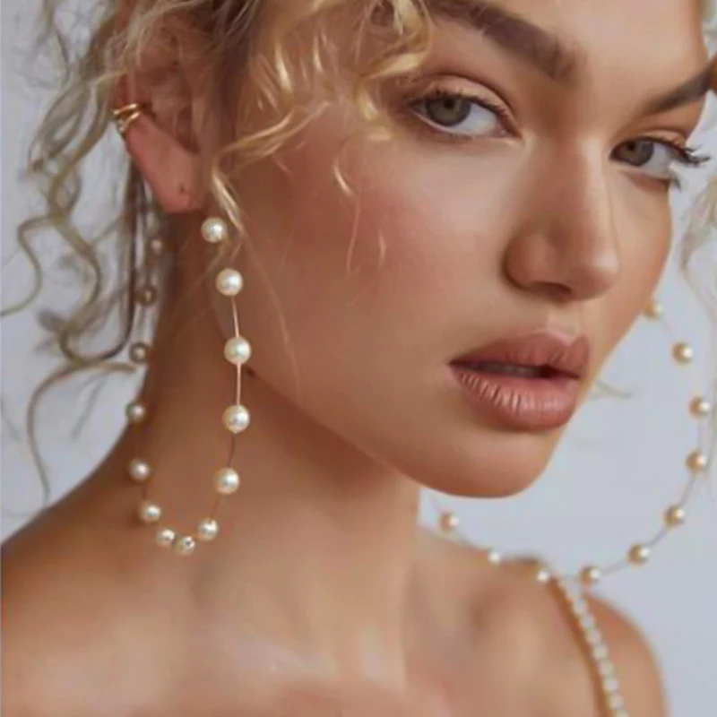 

New arrival Pearl Big Hoop Earrings For Women Shiny Round Circle Ear Jewelry Gift For Wedding Accessory