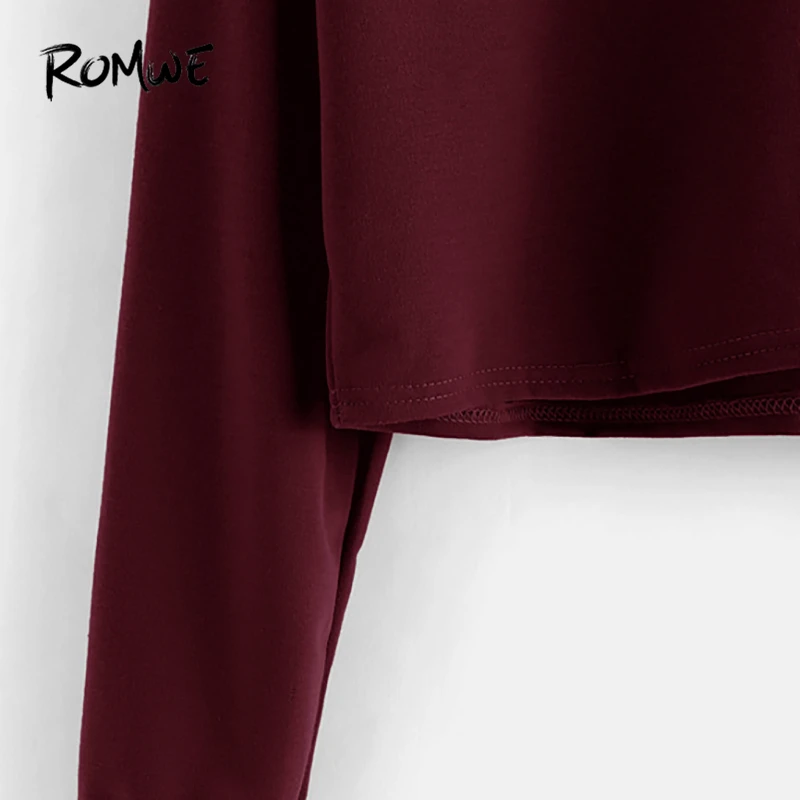  ROMWE Burgundy Drawstring Hooded Crop Sweatshirt Women Casual Tracksuit 2018 Autumn Plain Pullovers