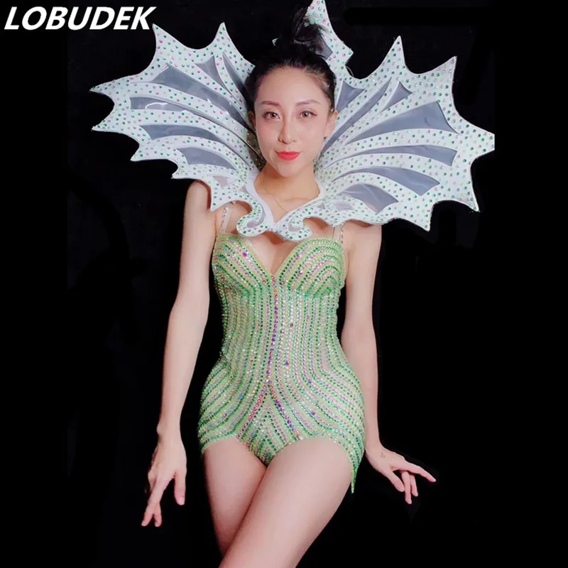 

Green Rhinestones Perspective Bodysuit Headdress Women Nightclub DJ Singer Costume Sexy Jazz Stage Wear Models Catwalk Costumes