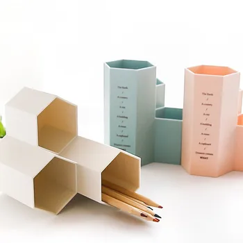 

Desk Pen Holder Plastic Makeup Brush Case Box Hexagon Multipurpose Plastic Pen Container Creative Vase Desk Decoration D329
