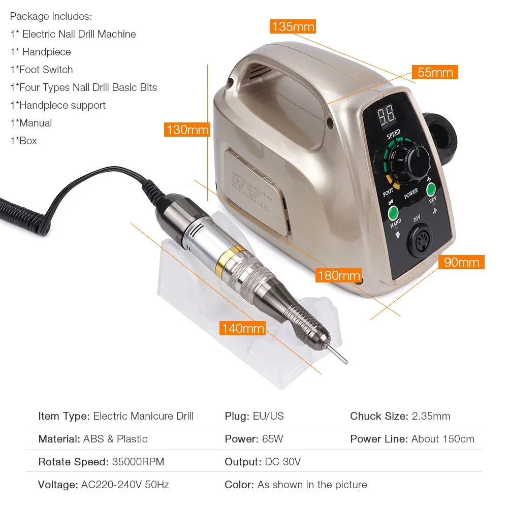 Электрическая дрель для ногтей, 35000 об/мин, машинка для маникюра, педикюра, аксессуары, сверла, пилочка, мощное оборудование для дизайна ногтей, 65 Вт, 110 В, 220 В