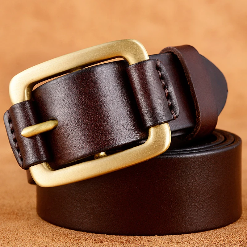Brass Gold Leather Belt For Men Brand High Quality Male Strap Mens