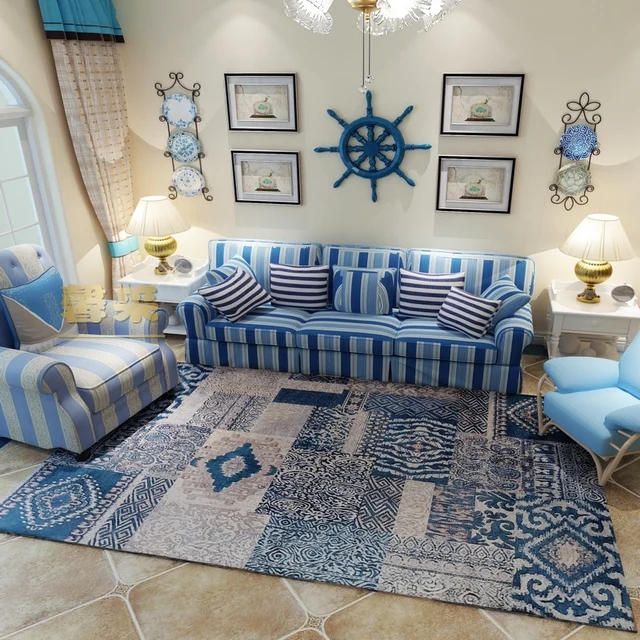 Alfombra azul grande estilo mediterráneo dormitorio sala de estar
