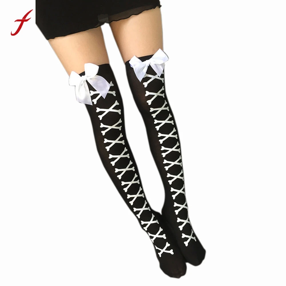 

2017 New Arrival Women Over Knee Thighs Fashion Skull Print Cute Bow Decor Girls Ladies High Stocking Long Stocking