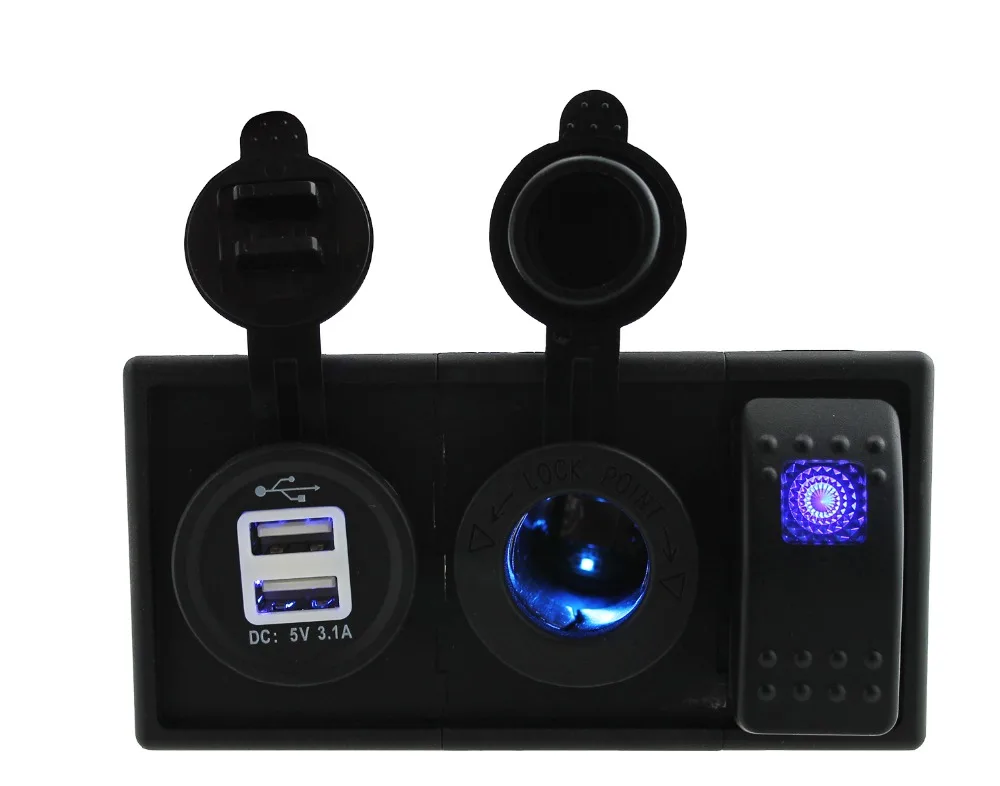 

DC12V-24V 3.1A double USB port Blue led Power socket with rocker switch holder housing kit for car boat RV motorcycle marine