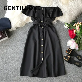 

Women Summer Sexy Off Shoulder Ruffle Midi Dress Casual Sashes Single Breasted Long Robe 2019 Beach Party Maxi Long Dress