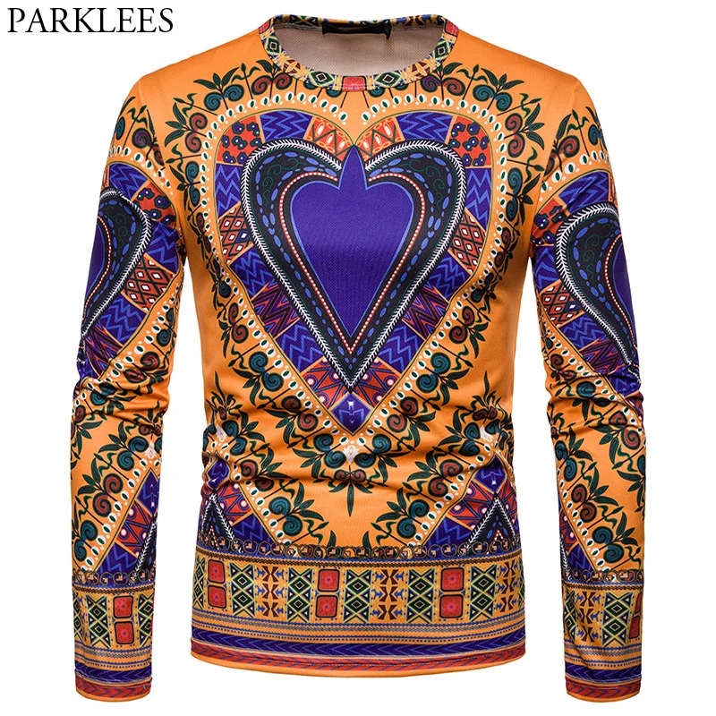 Fashion Mens Dashiki Printed African Long Sleeve Tops Tribal Hippie T-shirt Tops