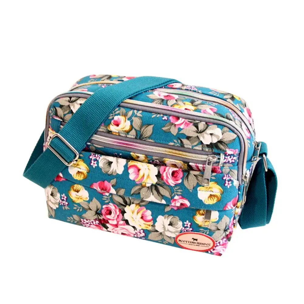 

2019 Flower Print Women Canvas Square Crossbody Shoulder Bag Multi-pockets Zipper Small Designer Messenger Pouch Bag