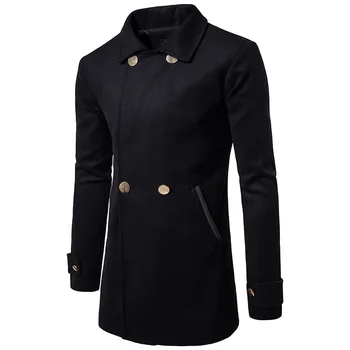 

2018 Fashion Men's Autumn Winter Coat Turn-down Collar Solid Wool Blend Men Pea Coat Double Breasted Winter Slimming Overcoat