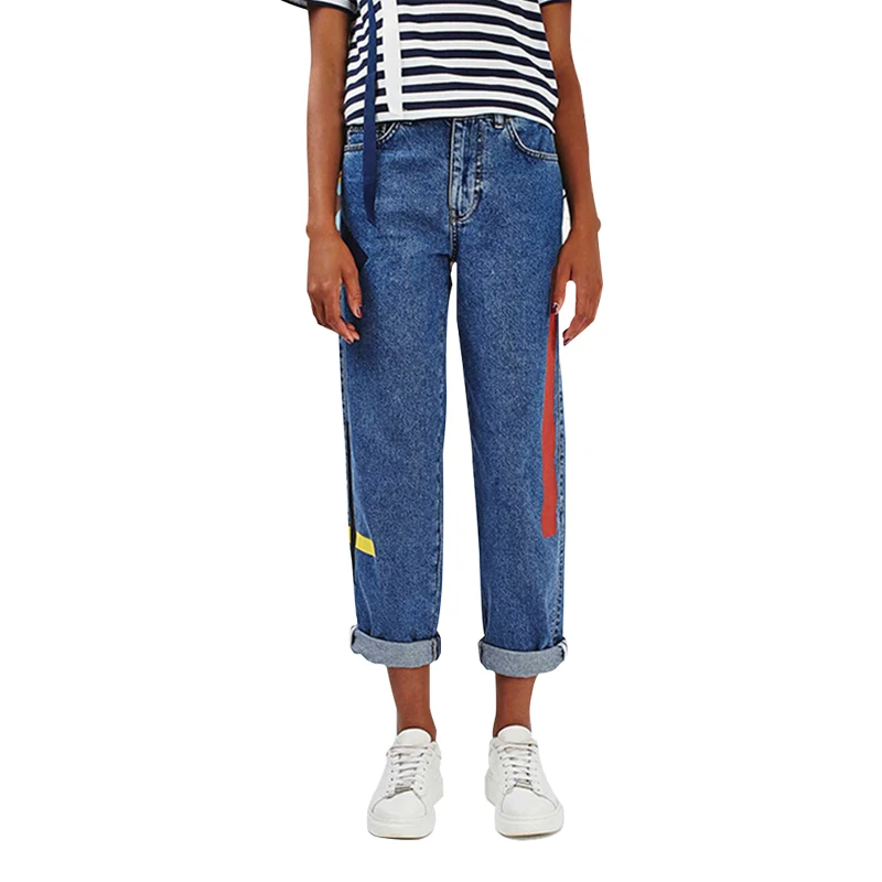 Women Blue Casual Loose Red Black Yellow Painted Roll Hem