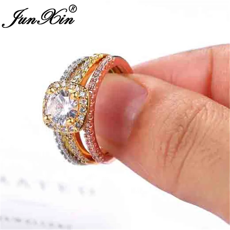 JUNXIN 80% OFF! Bridal Set Female White Crystal Engagement Ring Sets For Women 925 Silver Rose Gold Filled Square Zircon Jewelry
