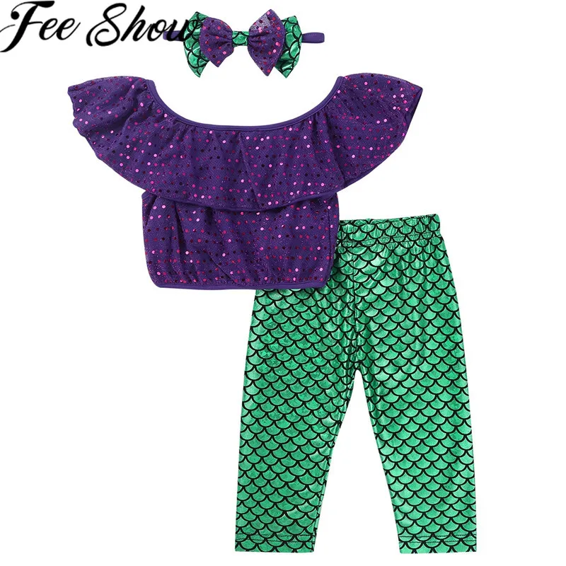 

FEESHOW children Mermaid Outfit for girls Three piece children swimwear + Headband +Shorts Set girls swimsuit kids bathing suit