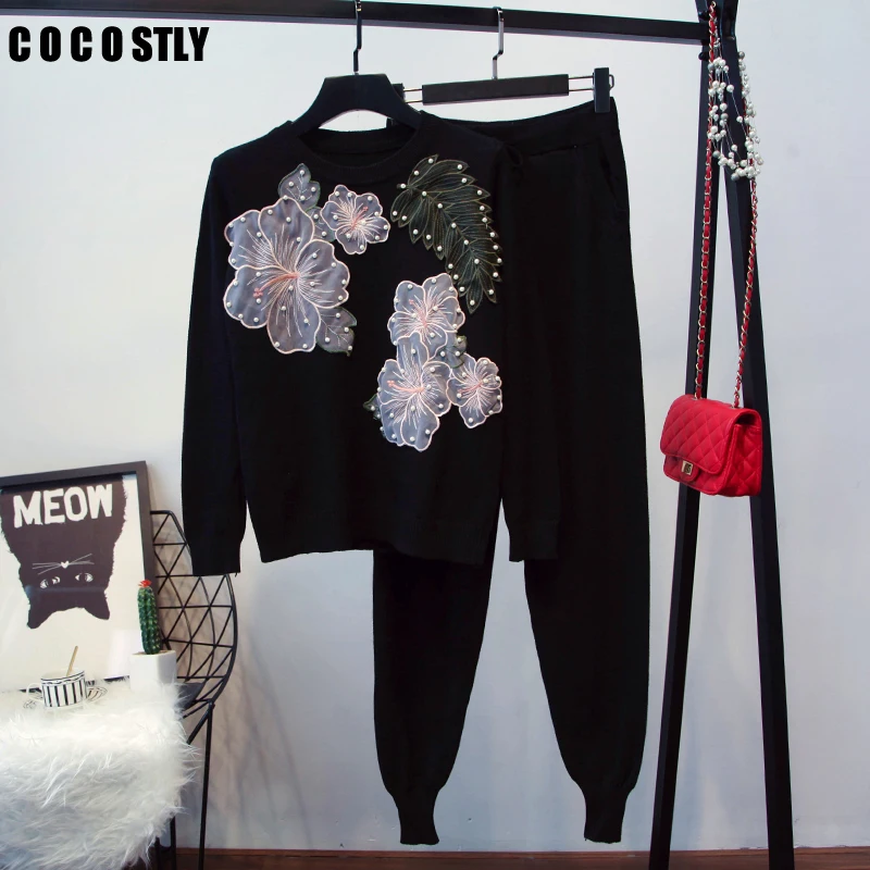 

Women set flower embroidery knitted sweater pullover top + long pencil pant suit casual elastic tracksuit two pieces set