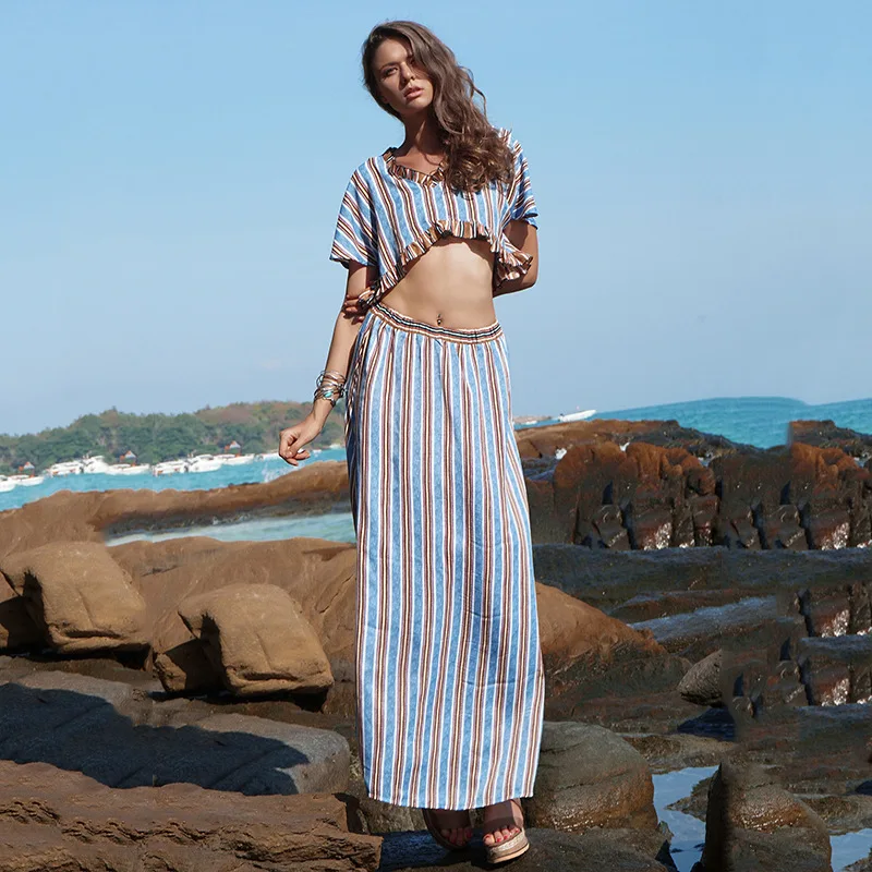 

All For Beach Summer Clothes Women's Dress Women Cover Up Plus Size Saida De Lace Clothing New Female Garment Neck Stripe
