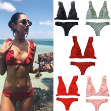 

2018 Bikini Sexy Bathing Suit Swimwear Women Swimsuit Ruffle Shoulder Brazilian Bikini Set High Waist push up biquini