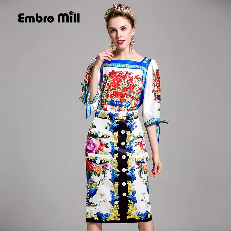 High end mulheres verão definir desfile de moda de luxo Europeu cópia branca camisa top + floral fino saia senhora 2 peças terno S XL