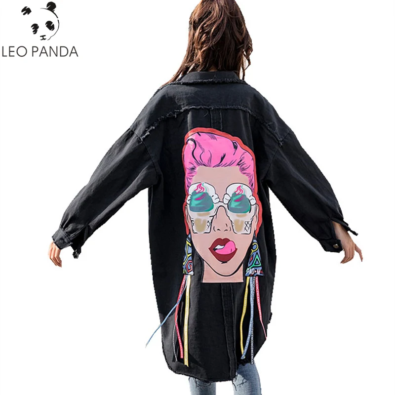 

2019 Spring Autumn Women Cartoon Lace Up Turn-Down Collar Single Breasted Denim Outerwear Female Plus Size Loose Casual Coats