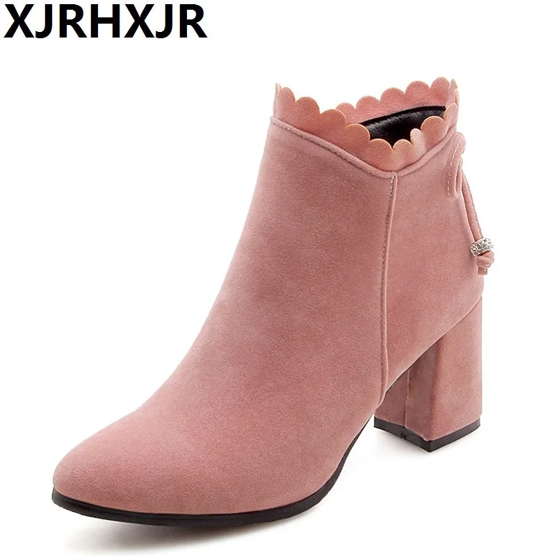 

XJRHXJR 7CM Ankle Boost Women Winter Square Heel Boots Ruffles Round Toe High Heel Short Boots Zipper Autumn Footwear Pink Brown