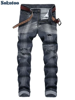 

Sokotoo Men's holes ripped jeans Plus size stripe printed stretch denim pants Trendy gray black slim straight long trousers