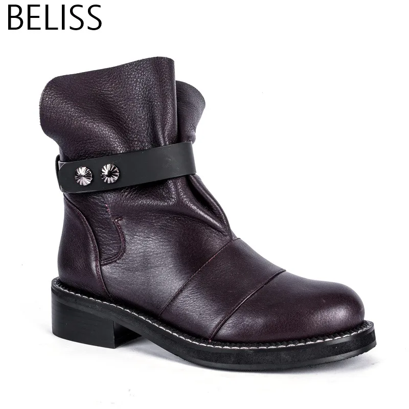 BELISS 2018 35-41 high quality ankle boots for women soft genuine leather round toe Shoes Female spring autumn rivet BAM139B Women's Shoes