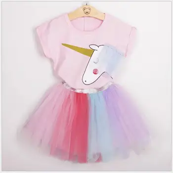 

baby girl rainbow color tutu skirt unicorn clothing set for kids 2-7yrs cartoon baby girls clothing set