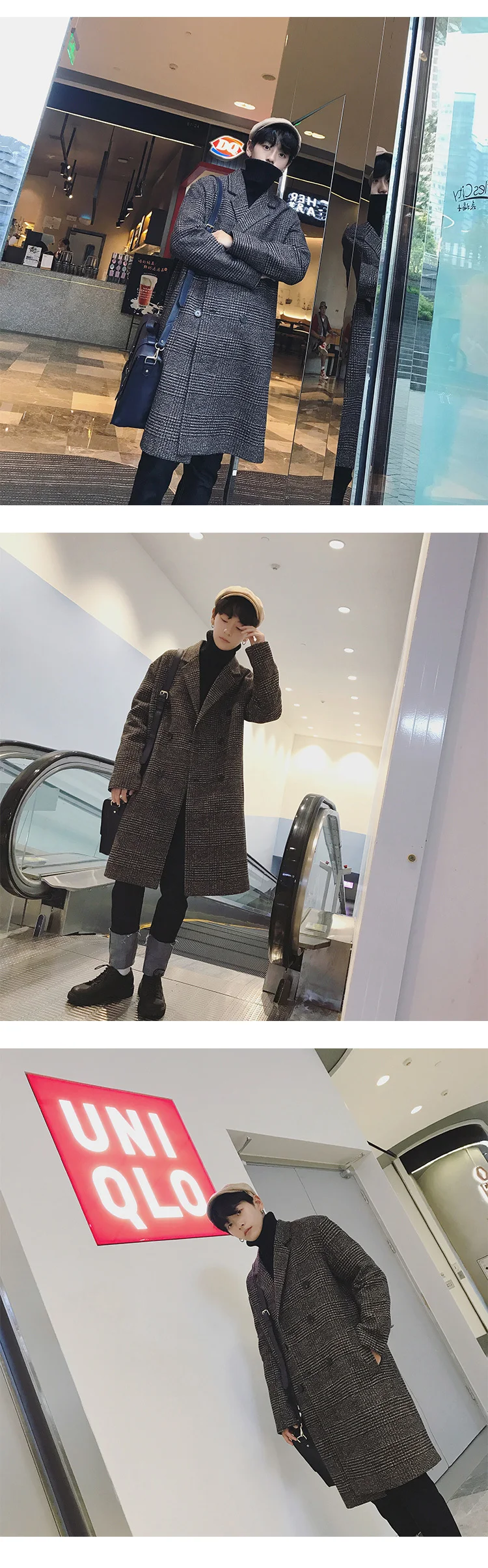 Зимнее мужское корейское двубортное длинное стеганое шерстяное пальто цвета иглы Повседневная ветровка черный/коралловый красный M-XL