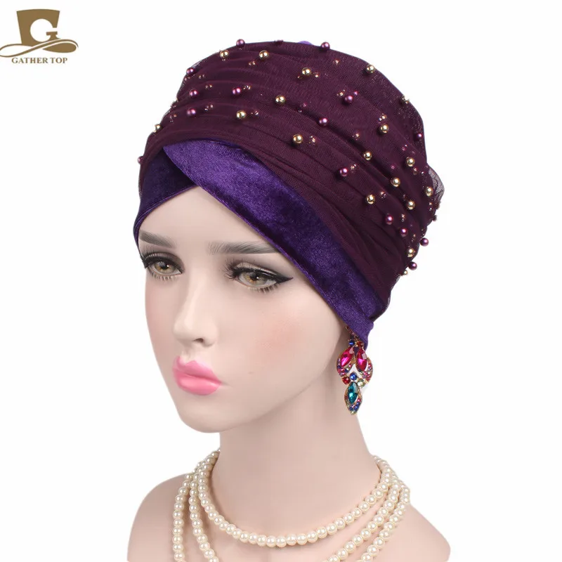 Роскошный массовый Золотой вышитый бисером сетчатый головной убор нигерийский тюрбан женский хиджаб длинный головной платок - Цвет: purple