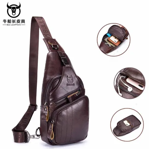 Couro dos Homens Bolsa do Mensageiro Bolsas de Moda Bullcaptain Retro Genuíno Ocasional Ombro Crossbody Masculino Bolsa Peito 105