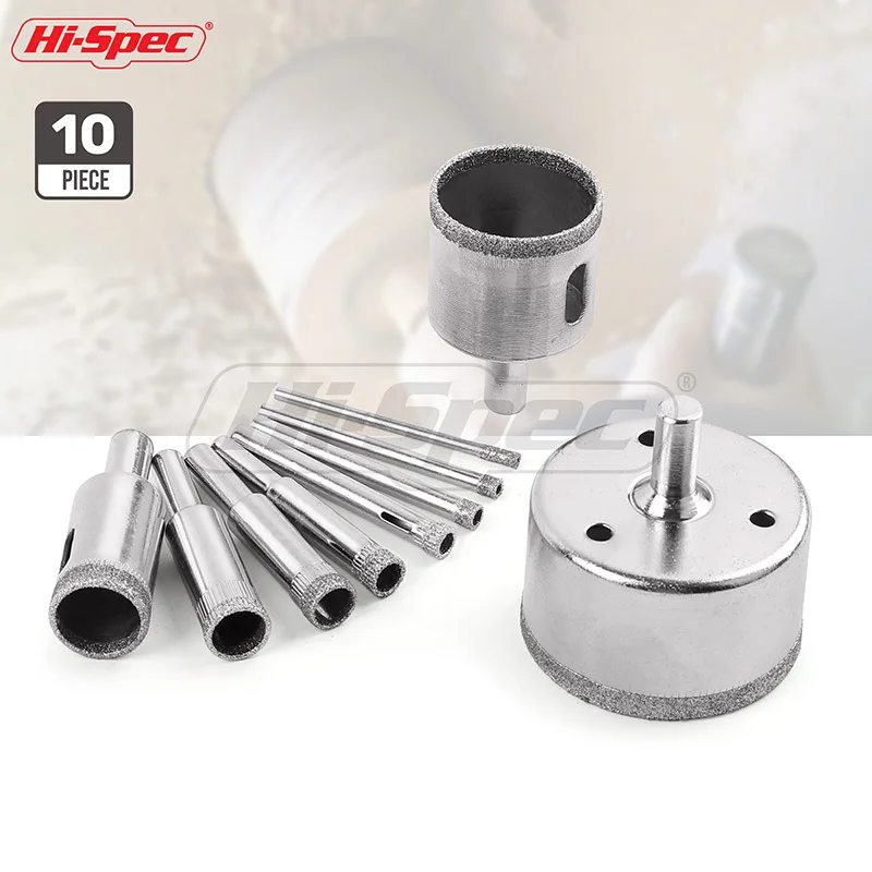 Hi-Spec 10pc 3-50mm Diamond Coated Core Hole Saw Drill Bit Set Ceramic Porcelain Glass Marble Hollow Extractor Remover Set TT004