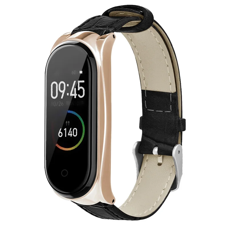 Кожаный ремешок браслет ремешок с металлическим чехлом для Xiaomi Mi Band 4 SD998