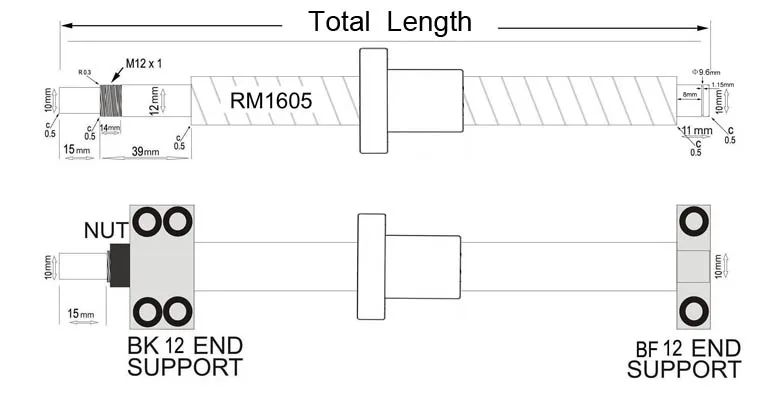 RM1605-600mm шарикового винта+ 15 мм Ширина рельсовая направляющая для фрезерного станка+ BK/BF12+ муфта
