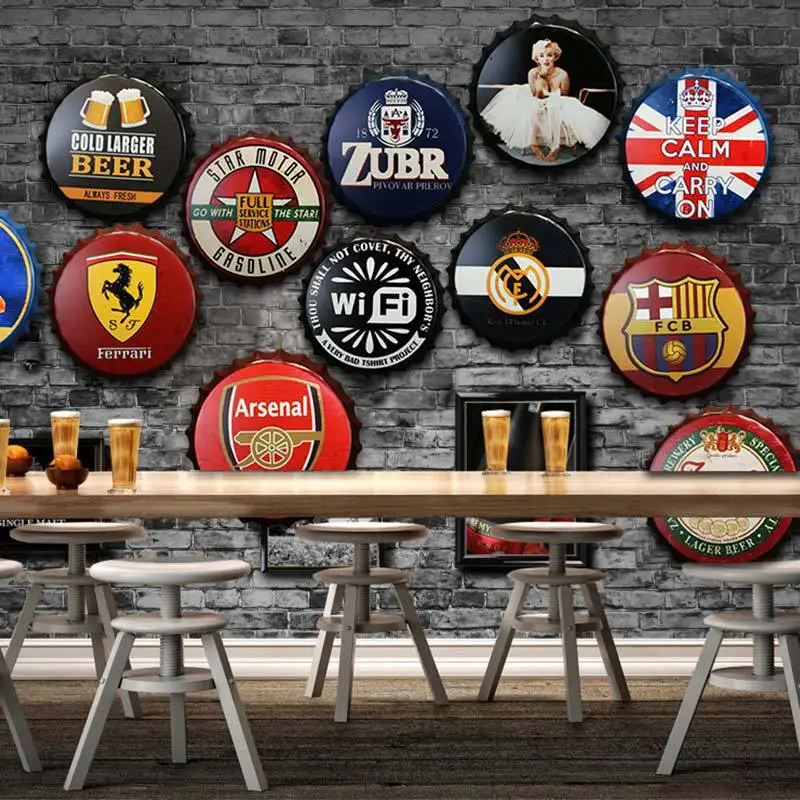 

30/35cm Beer Bottle Cap Vintage Tin Sign Bar Pub Cafe Home Wall Decorate License plates Football club Metal Art Round Plaques