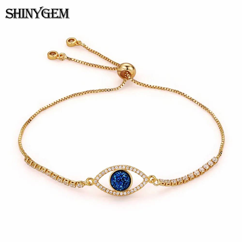 

ShinyGem Evil Eye Crystal Bracelets Delicate Inlaid Zircon 24K Gold Plating Charm Bracelets Adjustable Chain Bracelets For Women