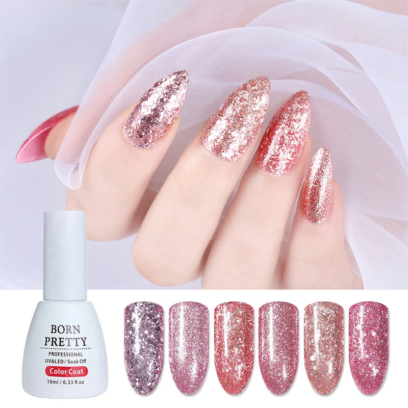 

BORN PRETTY Sequins Pink Nail Polish UV Gel Rose Gold Soak Off Glitter UV Gel Varnish Lacquer Opal Jelly Gel Reinforcement Gel