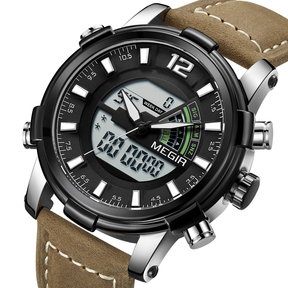 2018 MEGIR Brand Leather Sport Quartz Wrist Watch Dual Display LED ...
