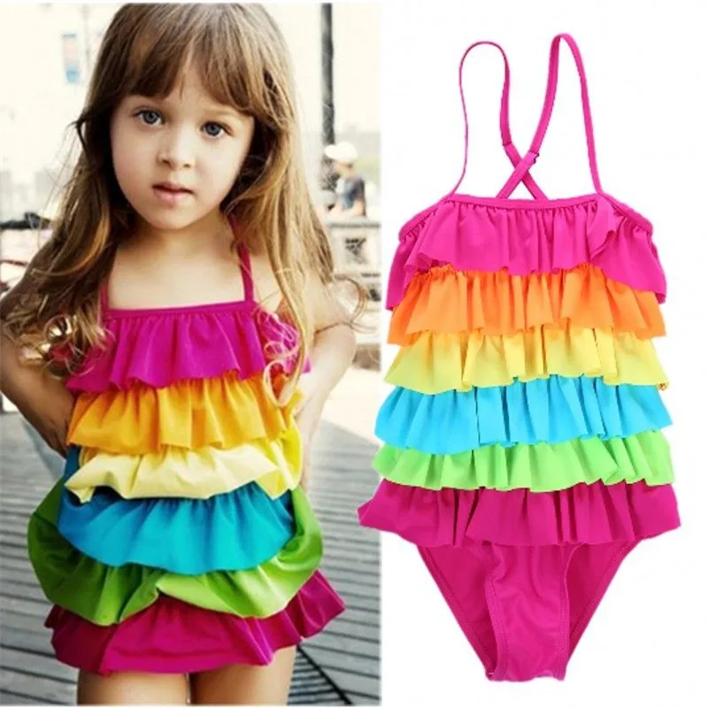 Baby Girls Rainbow One Piece Swimsuit Lovely Cute Dress Bikini Swiming