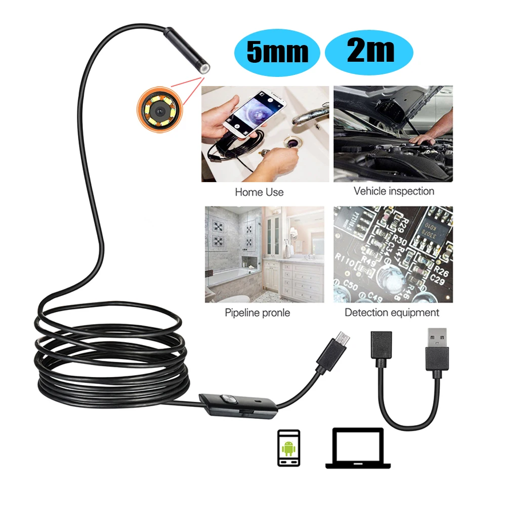 

5mm 2m Android Endoscope Camera IP67 Waterproof Support OTG&UVC Smartphone HD Snake Mini Usb Endoscope For Car/PCB/EarDetection