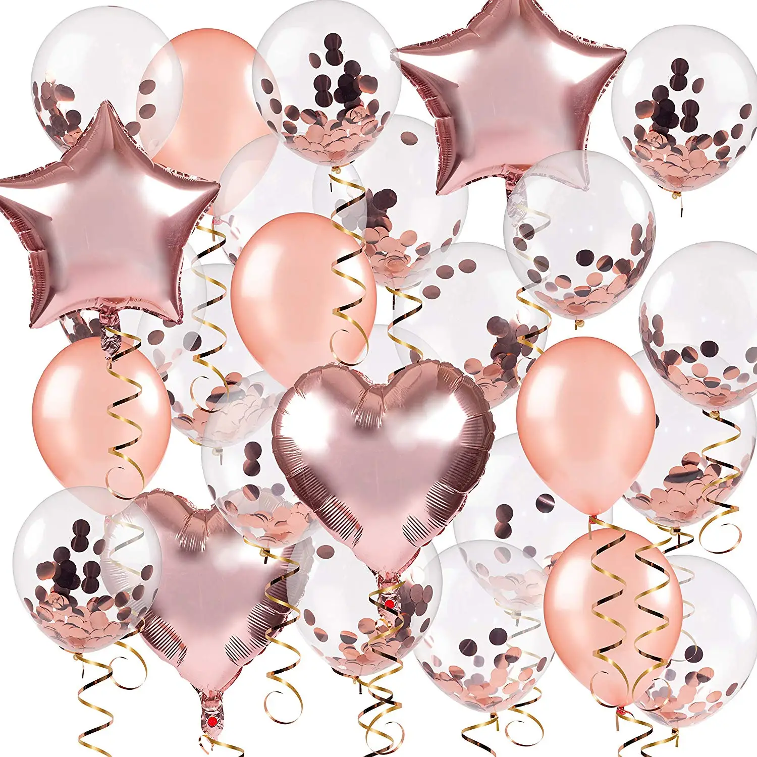 

METABLE Set of 30 Rose Gold Balloons Mixed Set of Confetti Balloons, Latex Balloons and Foil Balloons with FREE Ribbon included