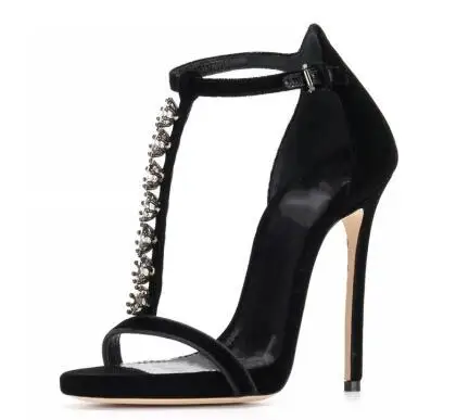 

Basic black platform open toe high heel sandals for women Fashion crystal t-tied thin heel sandals Ladies dress shoes