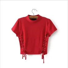 Новинка, модная женская летняя футболка, повседневная, короткий рукав, шнуровка, открытая, обрезанная, футболка, camisetas mujer, топы, белый, красный