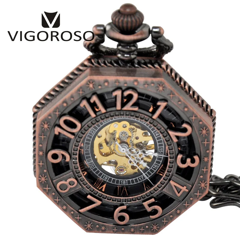 Vigoroso стимпанк Бронзовый/черный/розовое золото сплав механические карманные часы Мода Дизайн Скелет Рука обмотки Часы часы - Цвет: Rose Gold