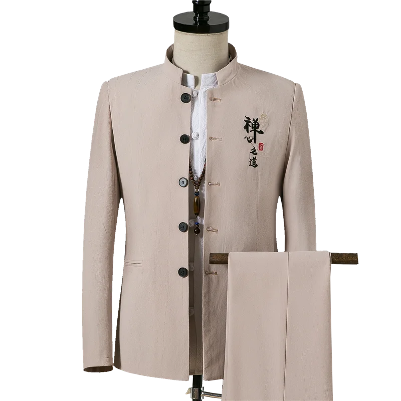 

M-4XL Big Size Traditional Chinese Style Mens Stand Collar Suits Long Sleeve Jacket + Pants Groom Suit 2pcs Office Wear XXXXL
