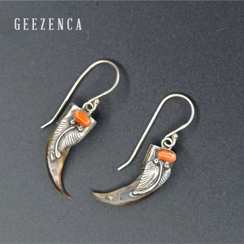 

GEEZENCA 925 Sterling Thai Silver Handmade Craft Indian Crescent Gemstone Drop Earrings Small for Women Vintage Gift Dangle