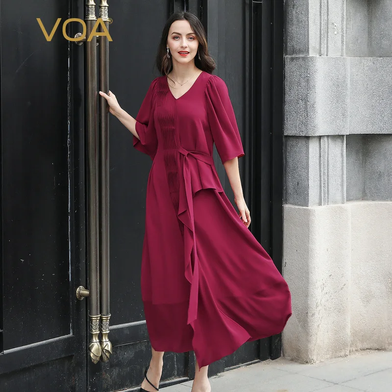 

VOA Women Silk Dress Elegant V Neck Half Sleeve vestidos mujer befree Long Dresses sukienki Robe hiver Wine Red Casual A10115
